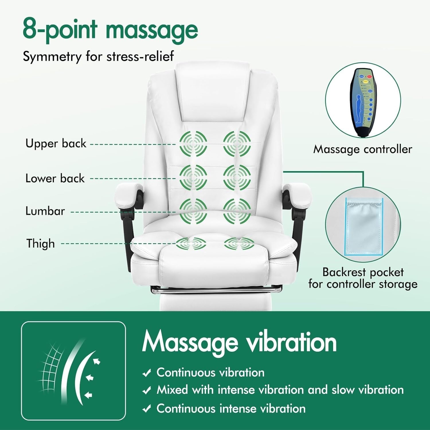 Massage Office Chair Heated 8-Point Recliner Footrest Ergonomic PU White