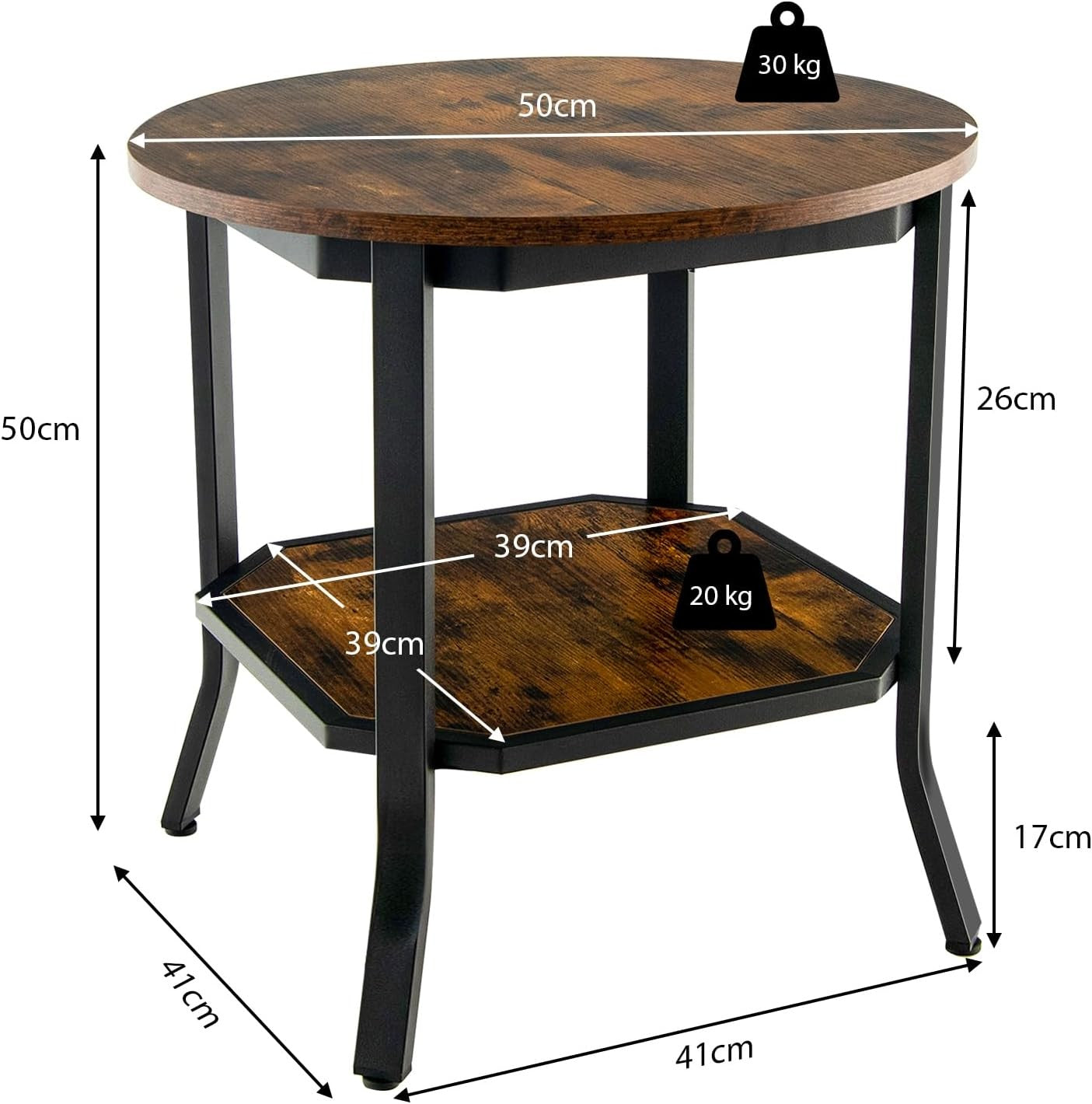 Round Industrial Side Table Rustic Brown | 2-Tier Sofa End Table with Storage 50