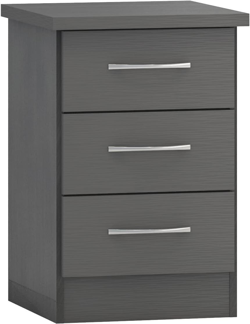 Grey 3 Drawer Bedside Table – Modern Nightstand with 3D Effect Finish