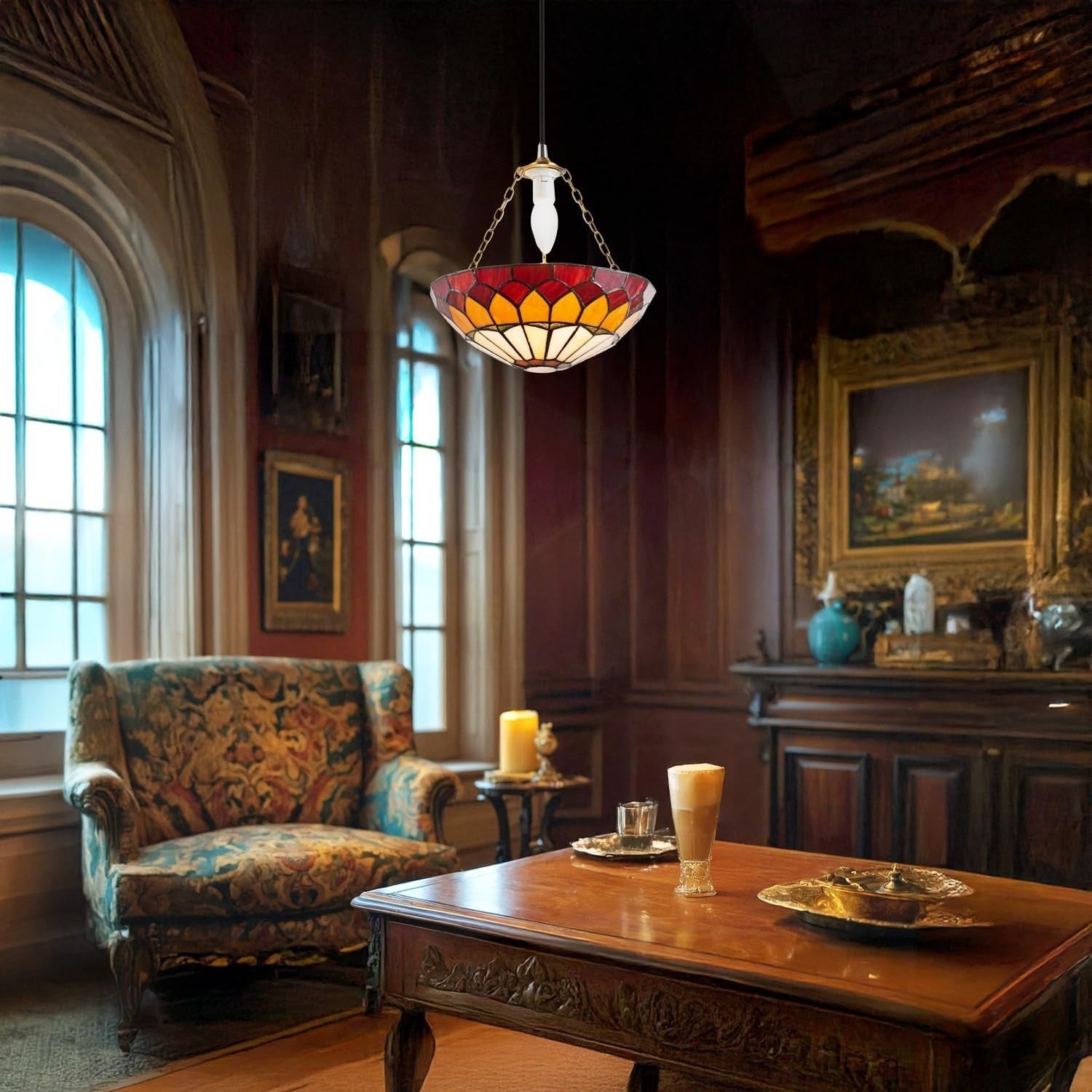 Tiffany Pendant Lamp Shade Amber Red Stained Glass Dome 30cm