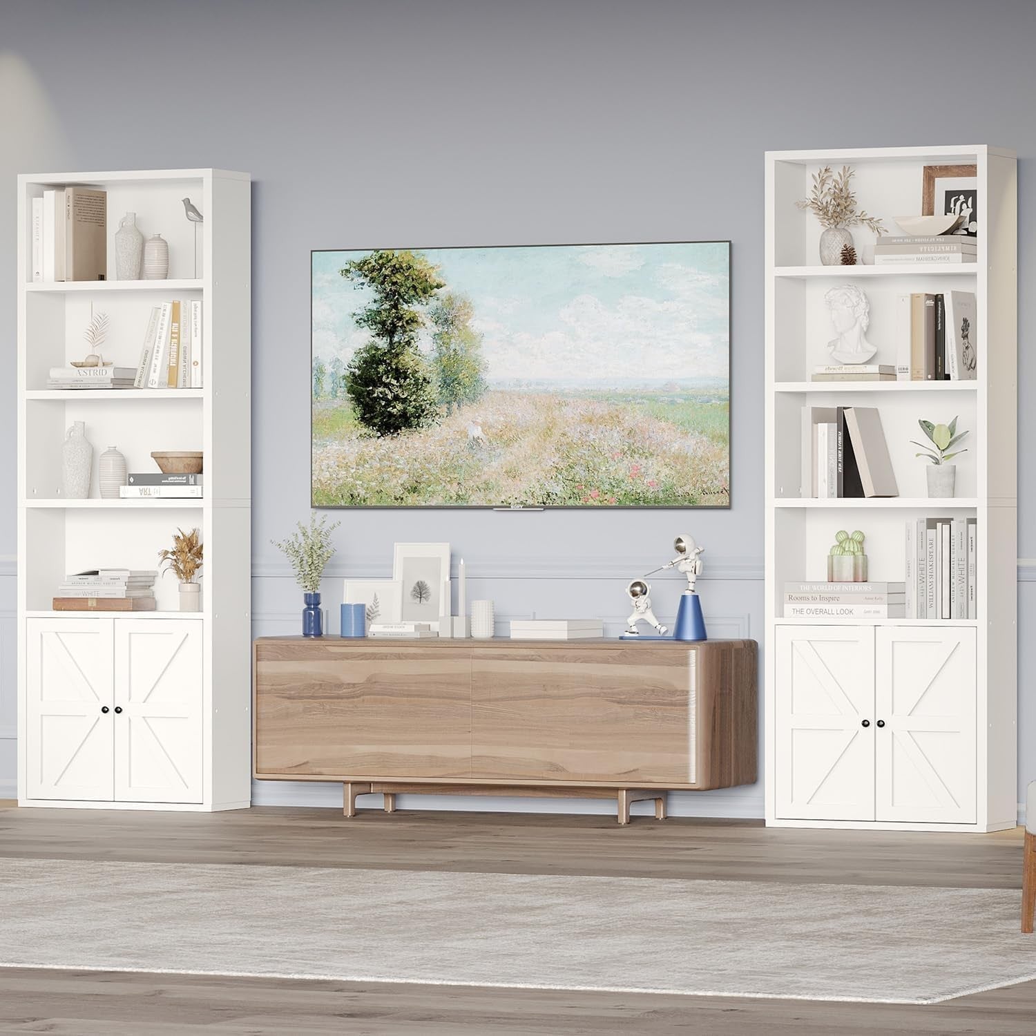 Tall White 6-Tier Bookcase with Cabinet Doors Modern Storage Shelving Unit