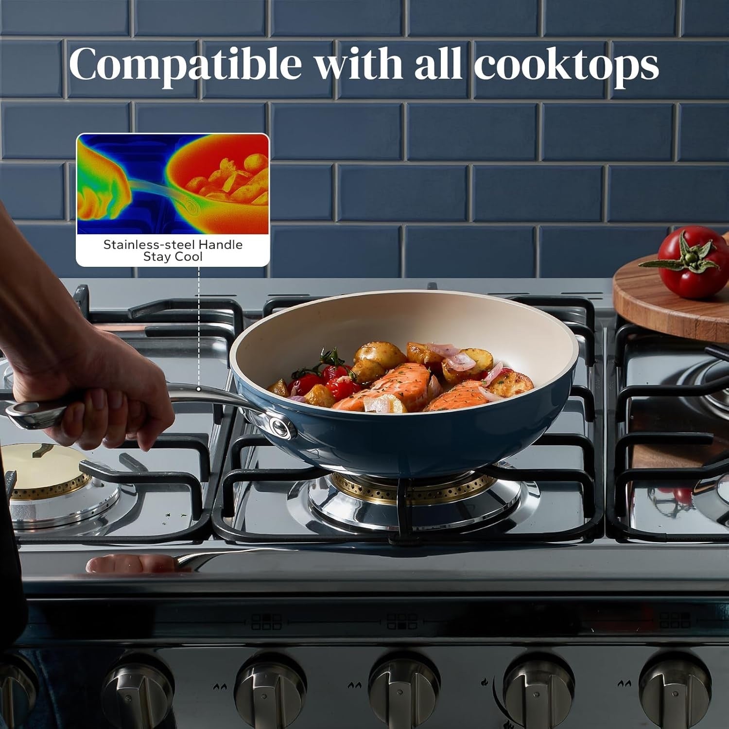 4Pcs Blue Ceramic Non Stick Frying Pan Set 20 24 28cm with Lid Oven Safe