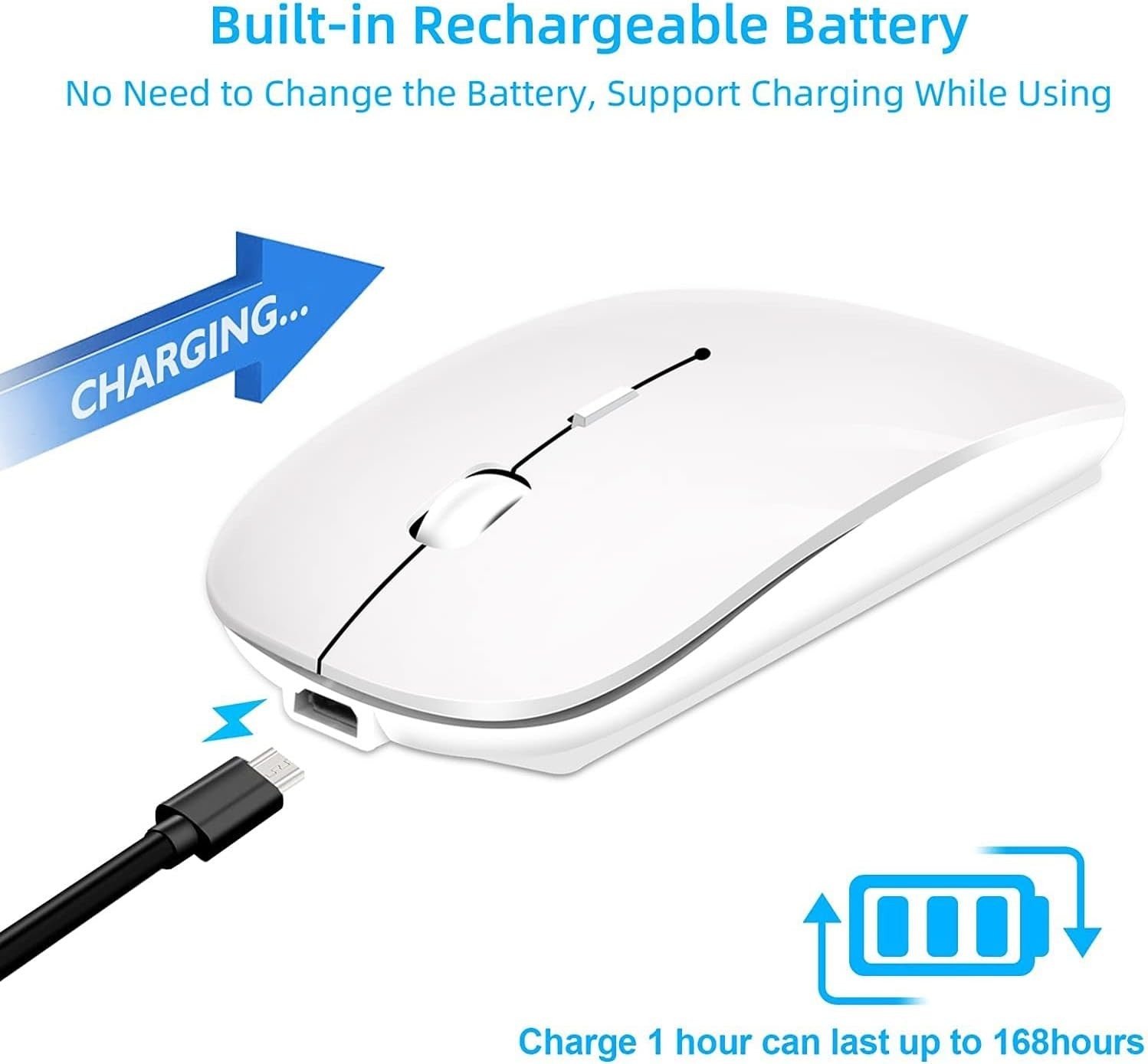 Wireless Bluetooth Mouse Rechargeable Slim Silent Click USB White