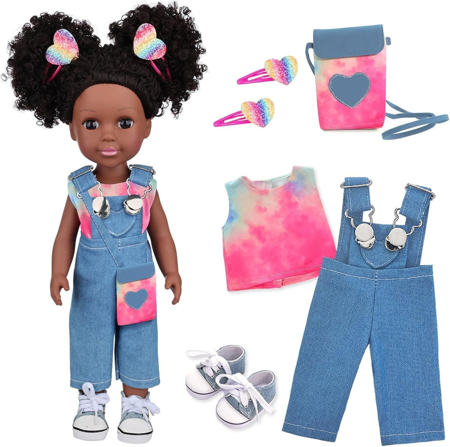 14.5” Black Baby Doll Silicone Girl Rainbow Outfit Accessories