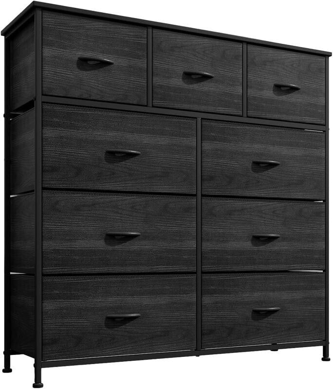 Black Fabric 9 Drawer Dresser Storage Unit with Wood Top for Bedroom 100cm