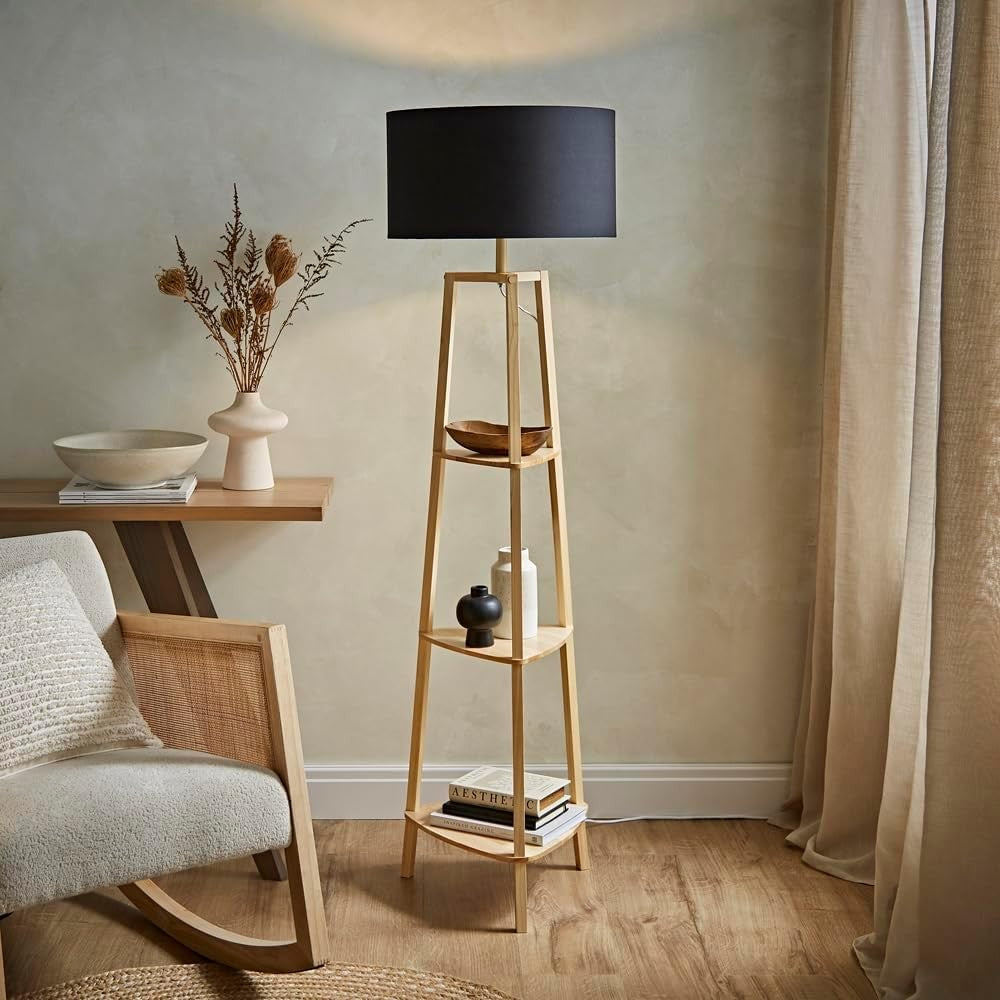 Wooden Floor Lamp with Shelves Black Shade Storage Standing Light LED