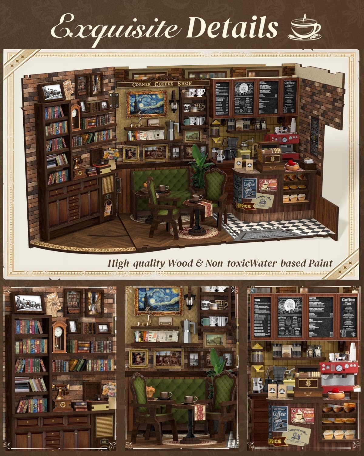 DIY Book Nook Coffee Shop Kit 3D Wooden Bookshelf Diorama LED Gift