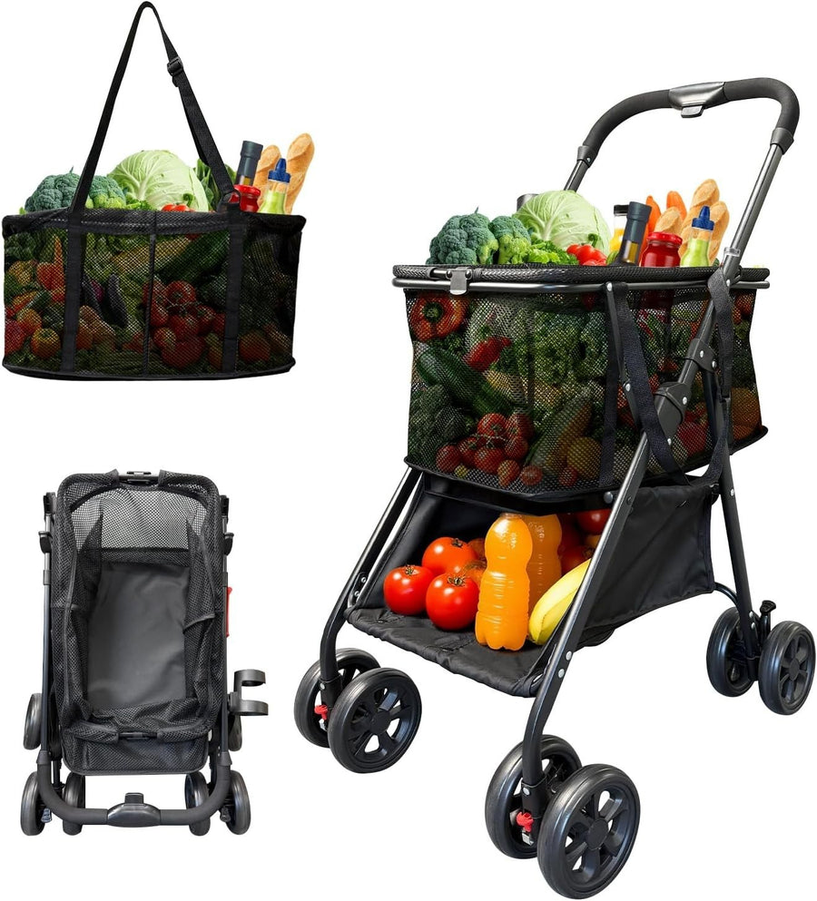 40-Gallon Folding Shopping Cart 360° Wheels Detachable Baskets Portable