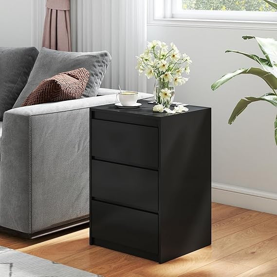 Modern Bedside Table with 3 Drawers & Power Station, Black Wooden Nightstand