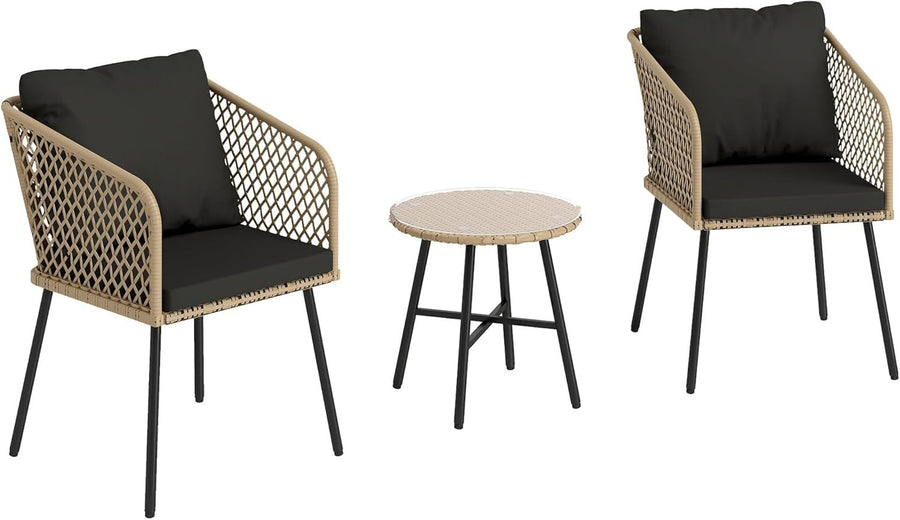 3 Piece Rattan Bistro Set Patio Chairs with Glass Table Balcony Seating