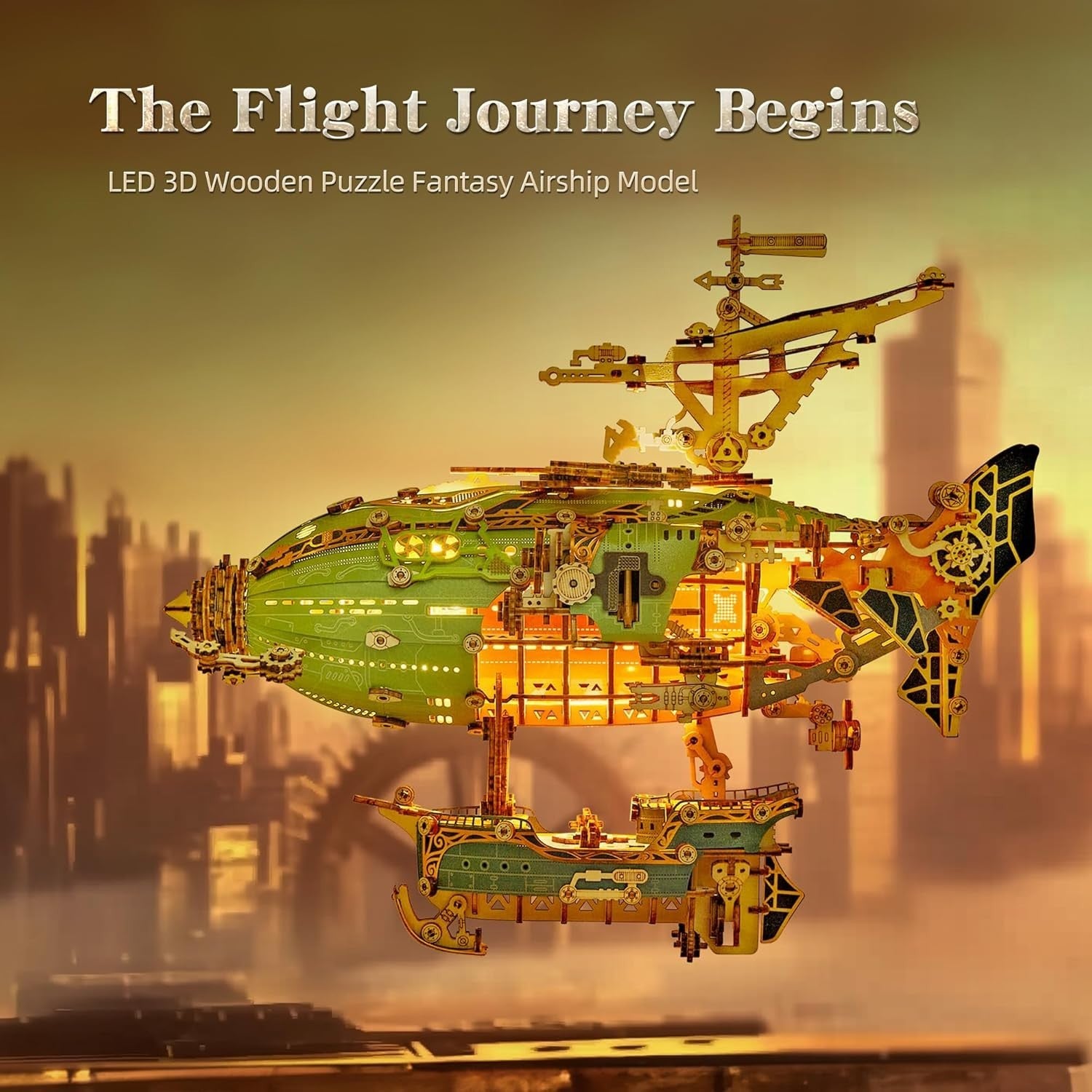 Steampunk 3D Wooden Airship Puzzle with LED Lights DIY Craft Gift Set