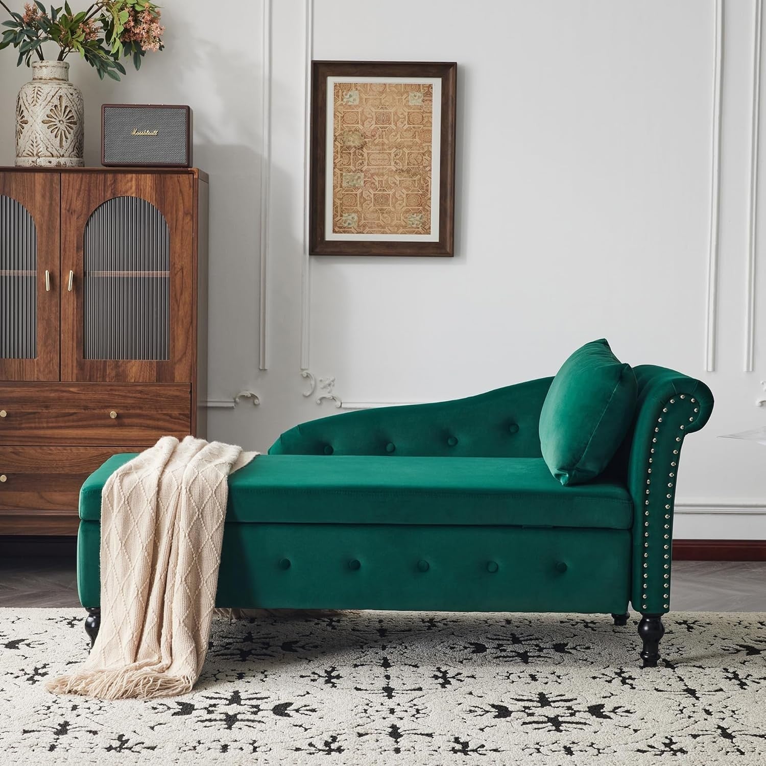 Velvet Chaise Lounge with Storage | Green Sofa Chair | Right Arm | 144cm