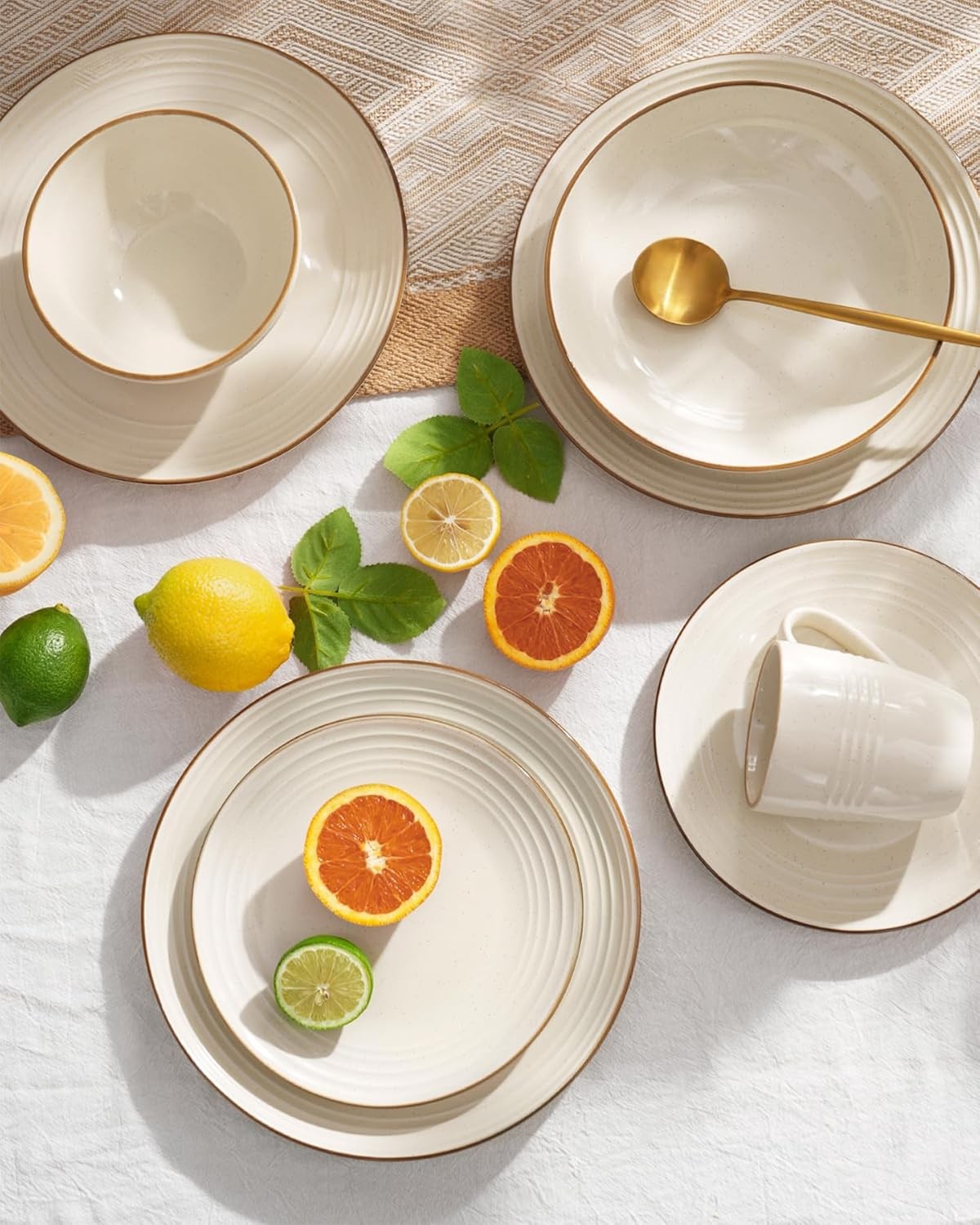 18pc Stoneware Dinner Set Cream White Gold Rim Plates Bowls Dishwasher Safe