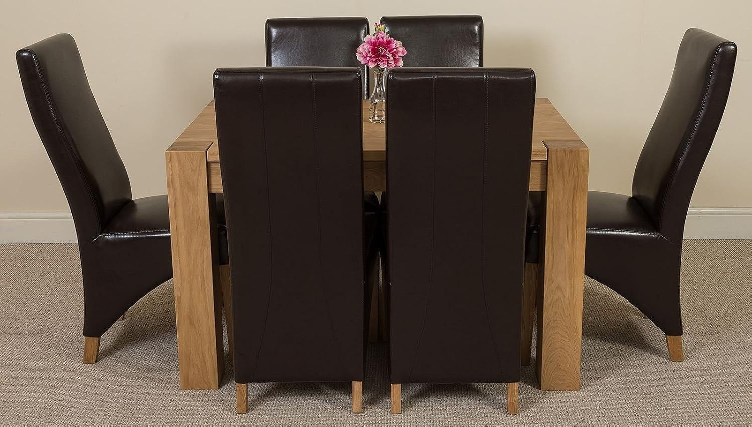 Oak Dining Table Set 6 Brown Leather Chairs Small Solid Wood Kitchen