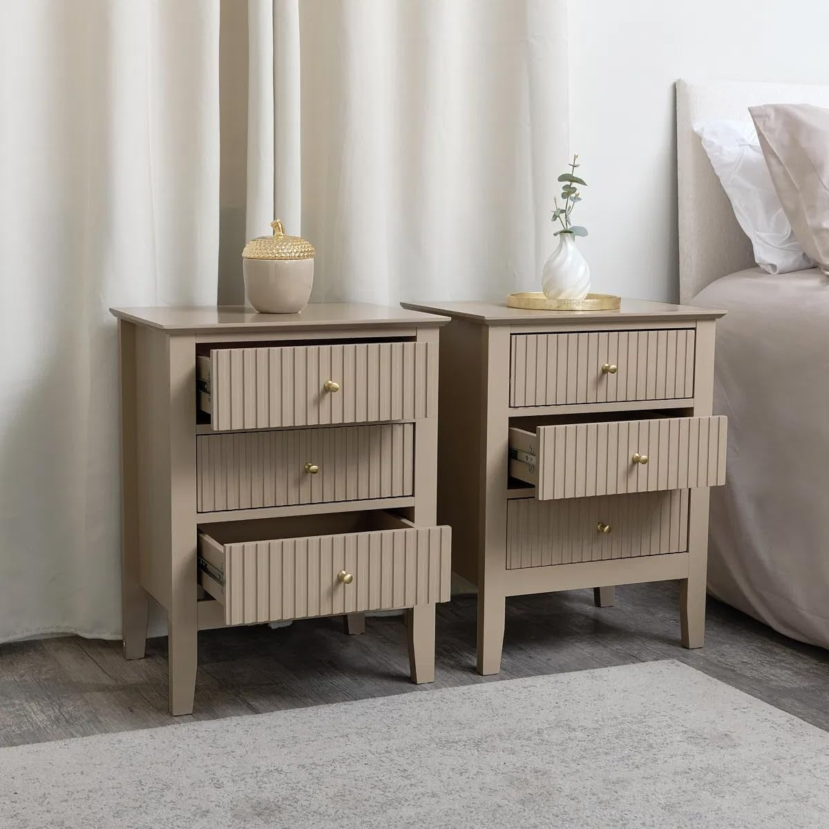 Pair of Modern 3 Drawer Bedside Tables – Taupe Tan Wood Nightstands