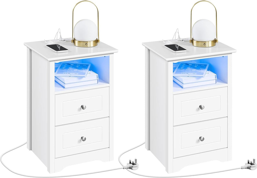 Set of 2 LED Bedside Tables with USB Charging Ports | Modern White Nightstands