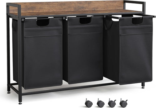 3-Section Laundry Hamper on Wheels with Shelf | 50L Bags | 106cm Storage Unit