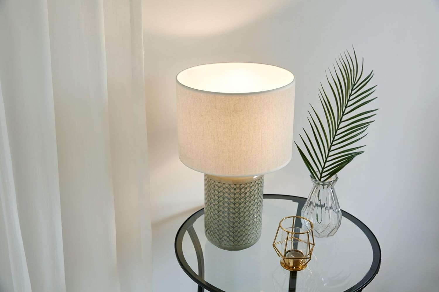 Ceramic Table Lamp Green Beige Fabric Shade Bedside Light E27 40cm