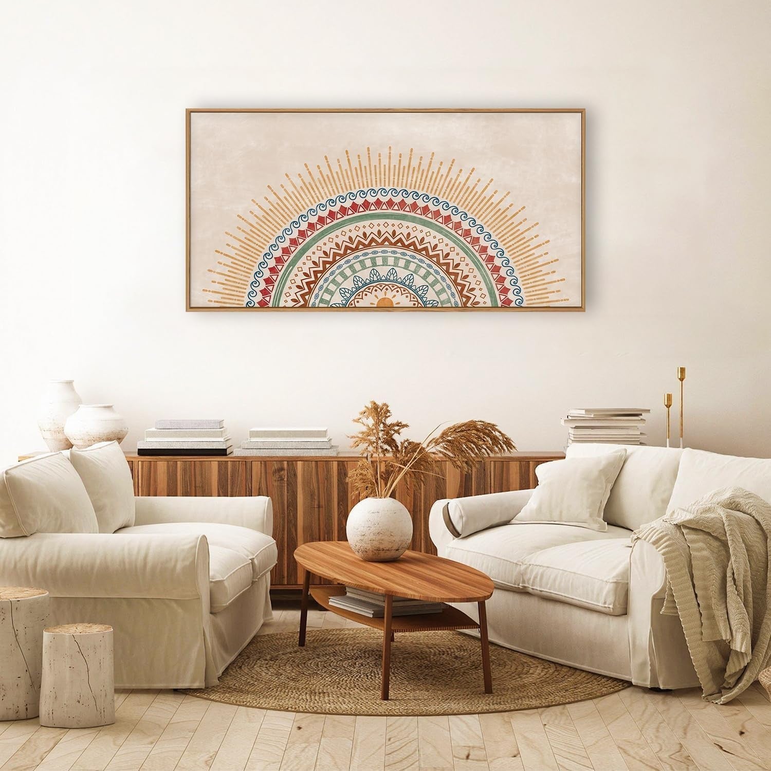 Boho Sun Framed Canvas Wall Art Mid Century Modern Geometric Print 20x40