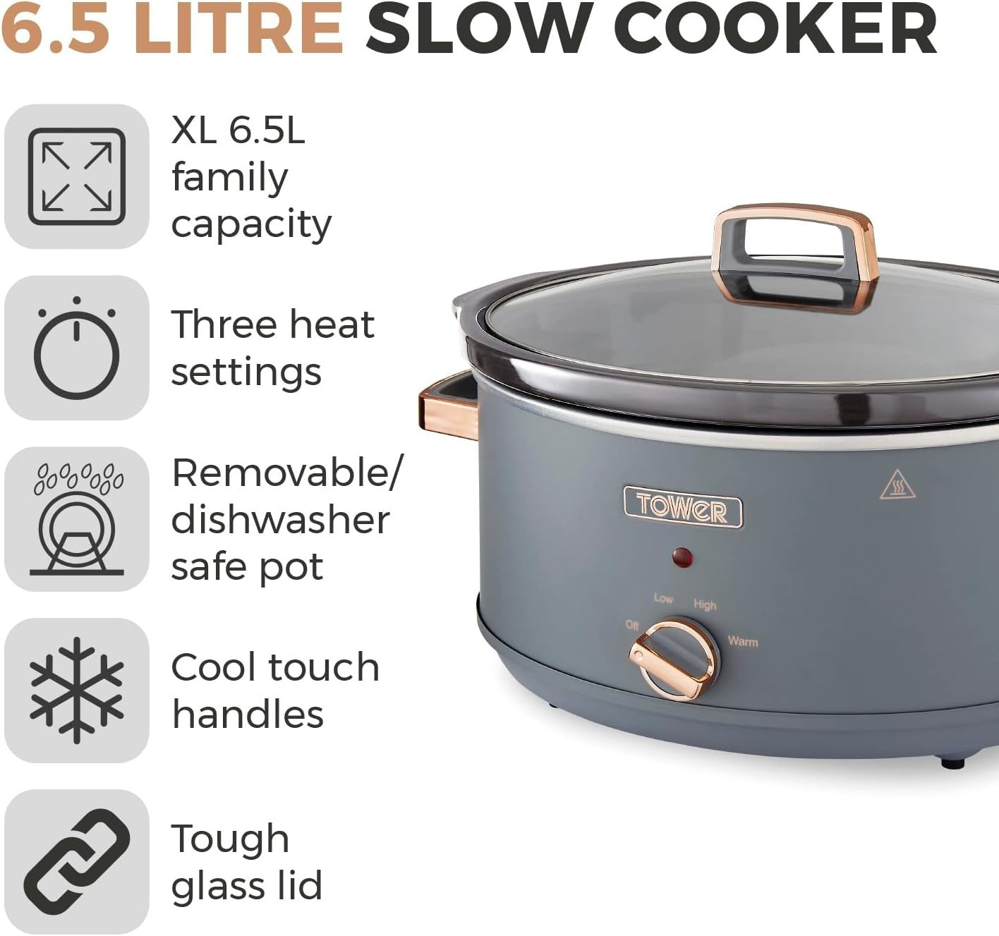 6.5L Large Slow Cooker with Removable Pot, 3 Heat Settings & Cool Handles