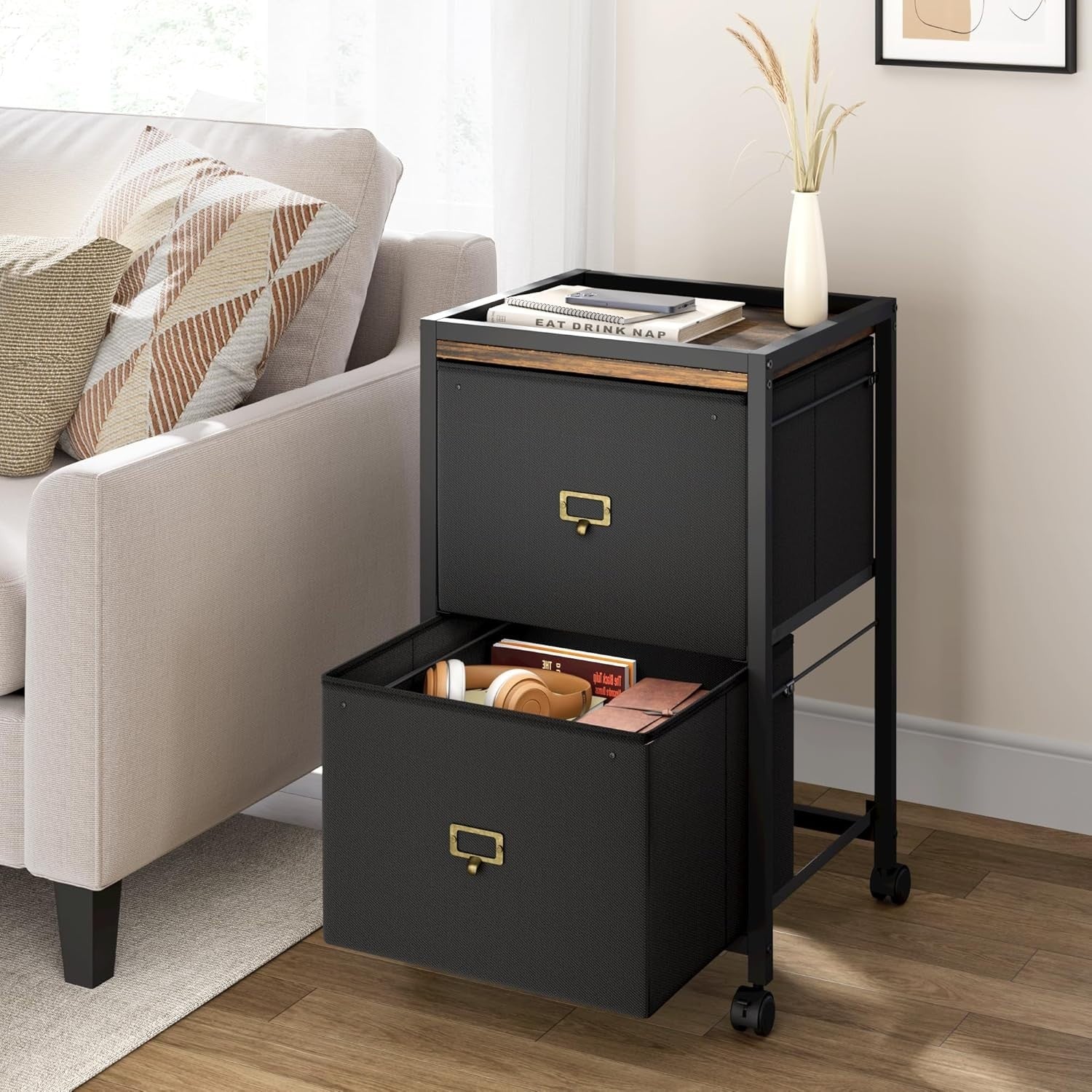 Retro Rolling File Cabinet 2 Drawer Under Desk A4 Letter Storage Black