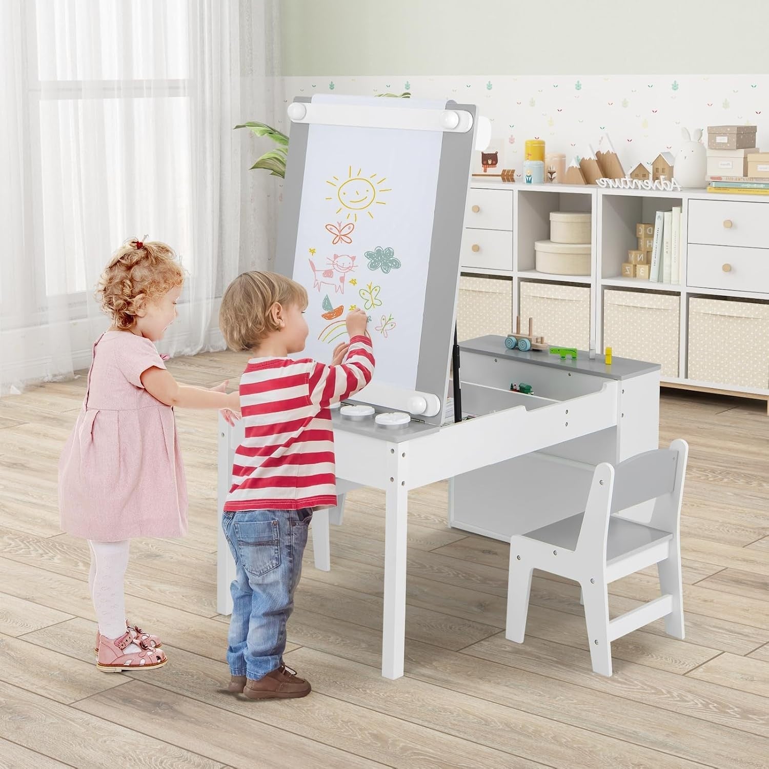Kids Art Table & Chair Set Easel Desk w/ Storage Bins & Paint Cups