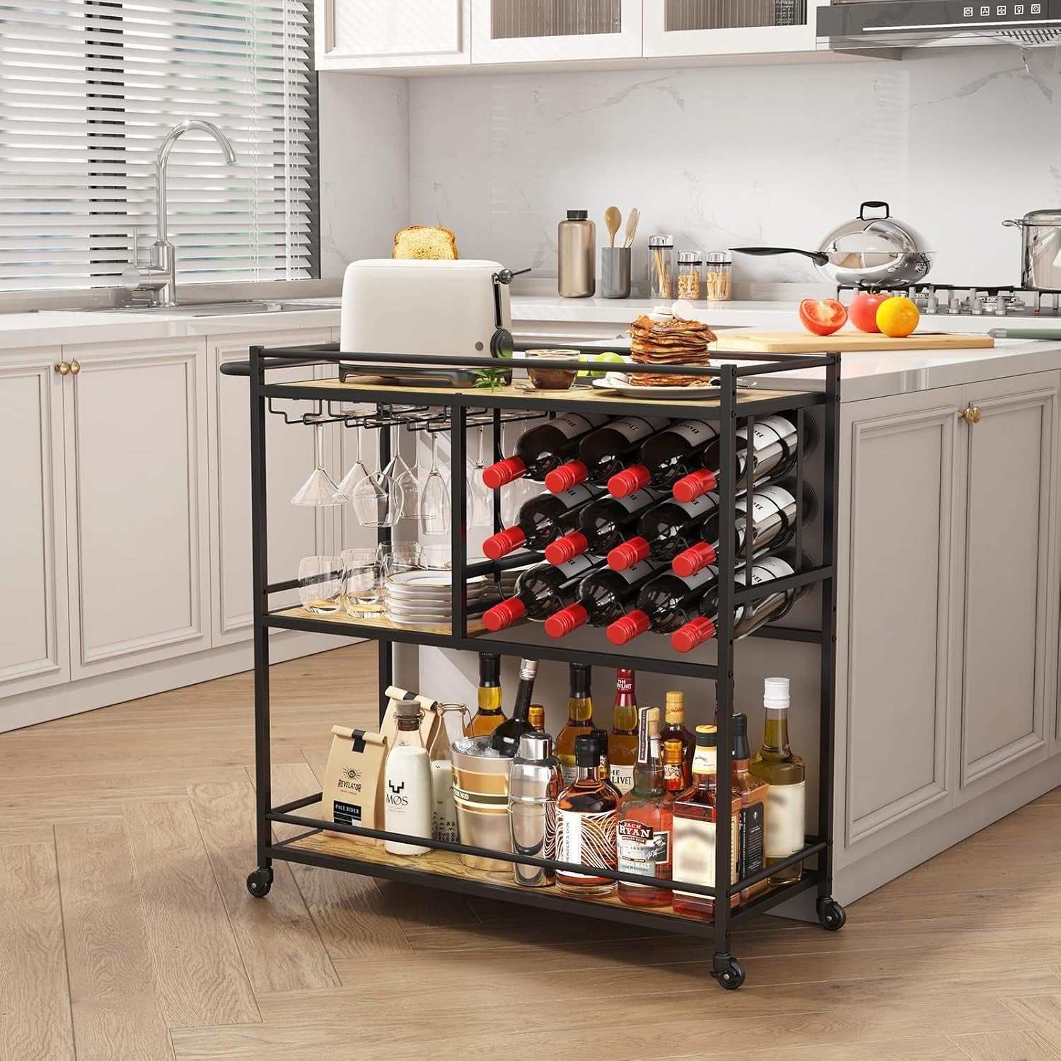 3 Tier Bar Cart Drinks Trolley with Wine Rack & Glass Holder Rustic Serving Unit