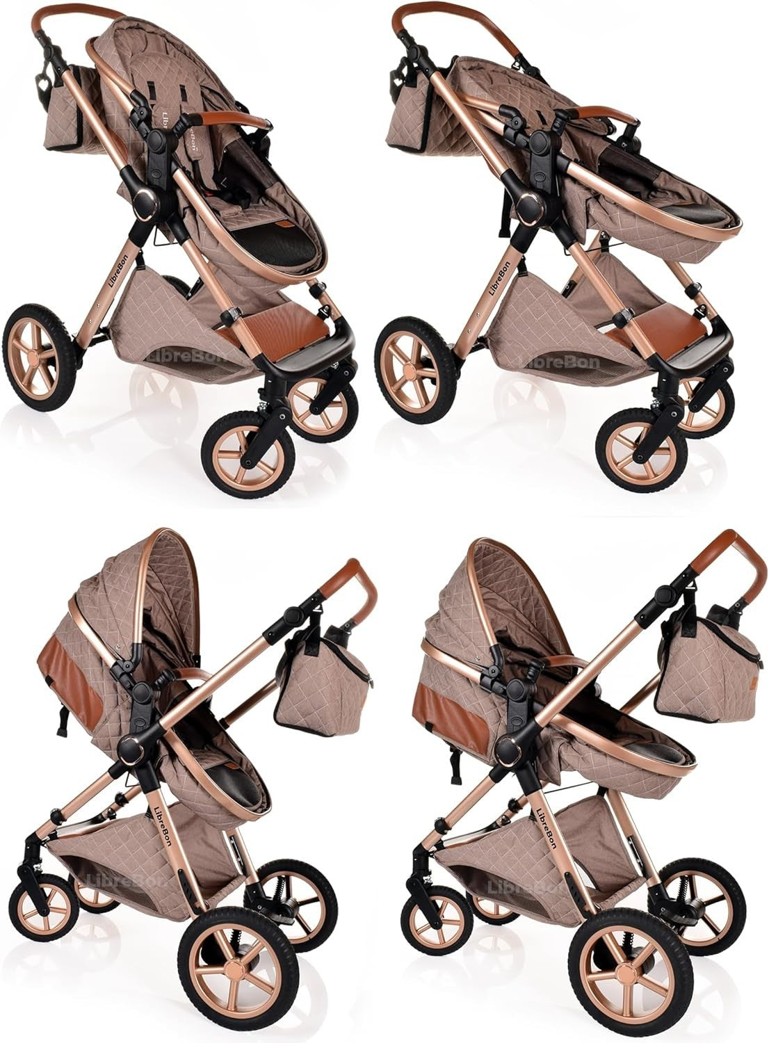 3in1 Baby Pram Travel System Pushchair Car Seat Foldable Beige