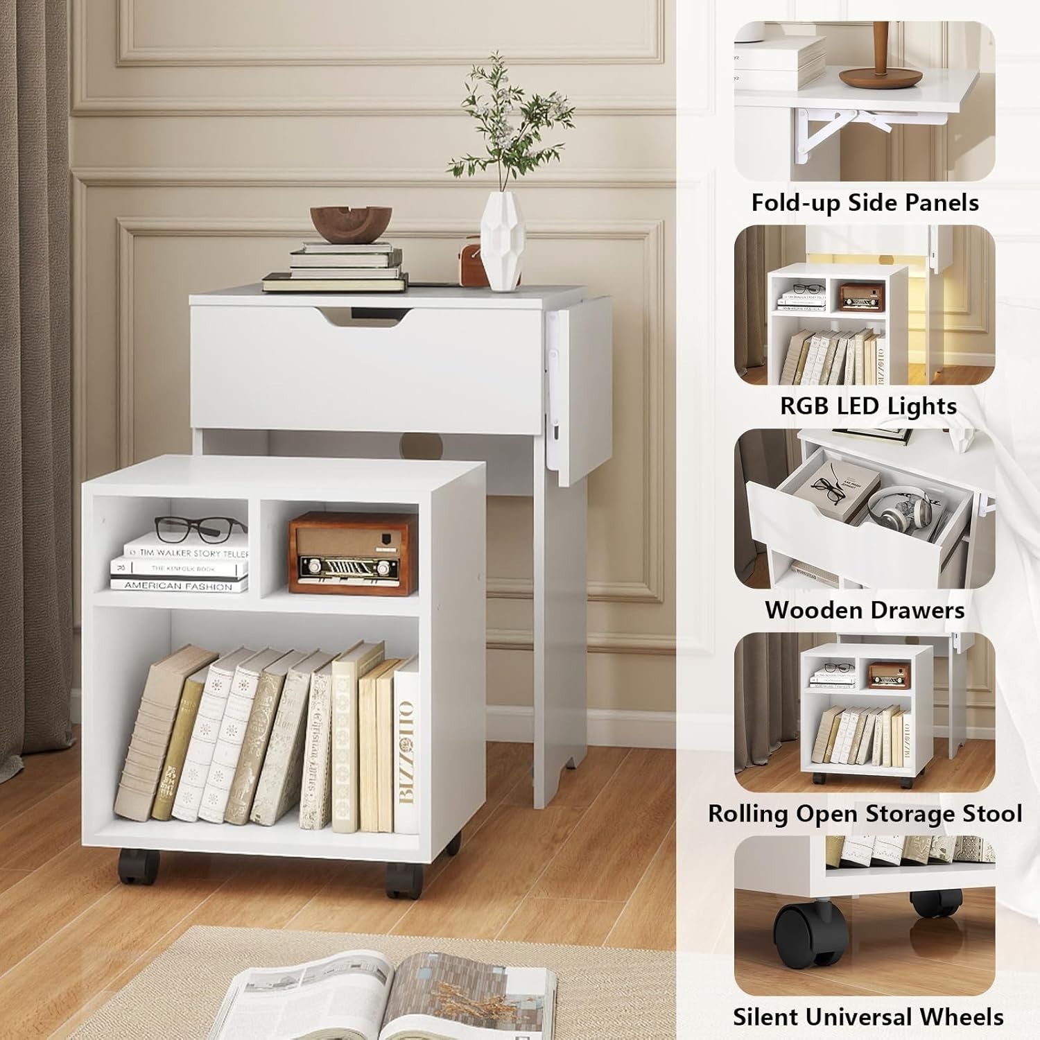 Smart Bedside Table with LED Light & Charging Station Modern Nightstand White