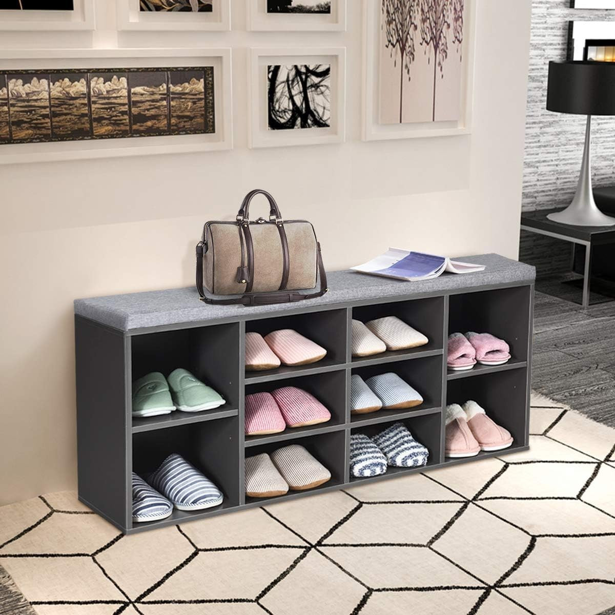 Modern Shoe Storage Bench with Cushion & Adjustable Shelves 104x30x48cm