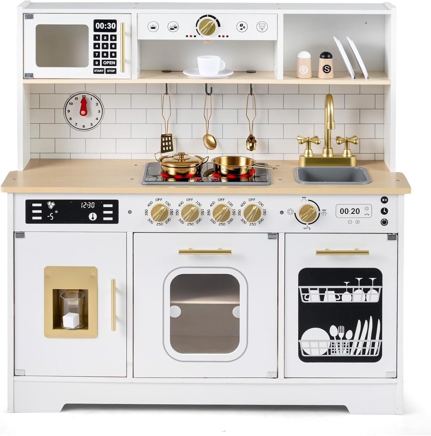 Wooden Kids Play Kitchen White Lights Sounds Coffee Maker Toy Set
