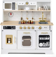 Wooden Kids Play Kitchen White Lights Sounds Coffee Maker Toy Set