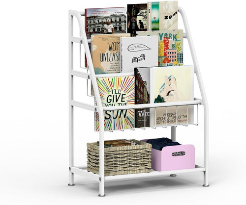 Kids Leaning Bookshelf & Toy Storage Rack – Durable Metal, Space Saving, White
