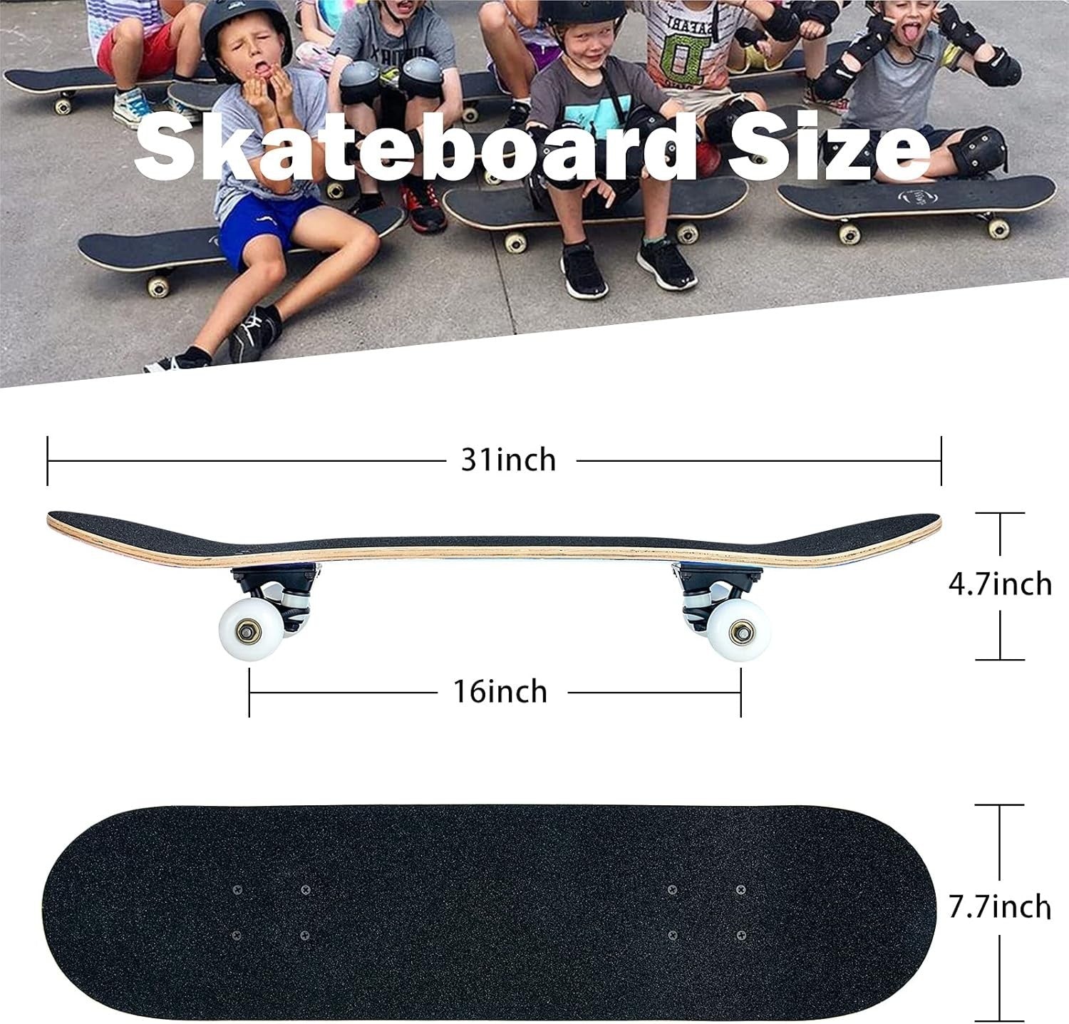 31 Inch Complete Skateboard Maple Deck Double Kick Kids Teens Adult Beginner