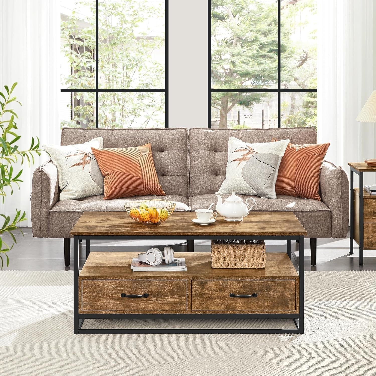 Industrial Coffee Table with Storage Drawers, Rustic Wood, Metal Frame 100cm