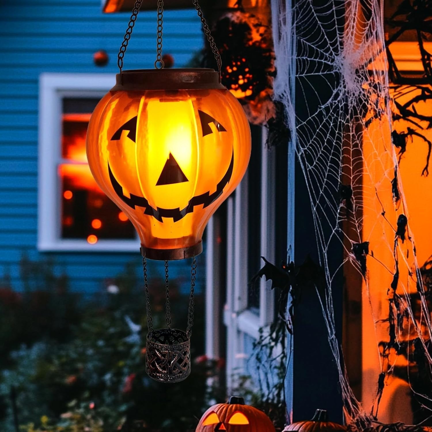 Halloween Pumpkin Hot Air Balloon Solar Lantern LED Flicker Light Outdoor Decor