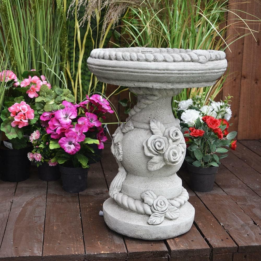 Stone Bird Bath Feeder Ropes & Roses Design Garden Ornament Sculpture Outdoor