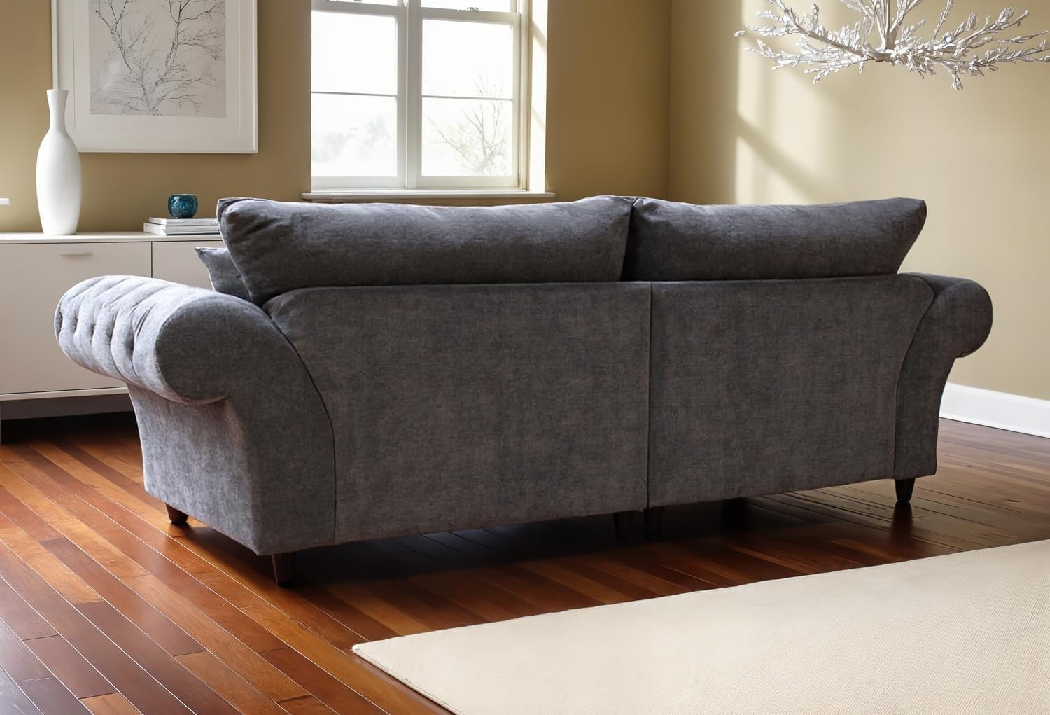 Grey 4 Seater Sofa with Chenille Fabric & Button-Tufted Scroll Arms.