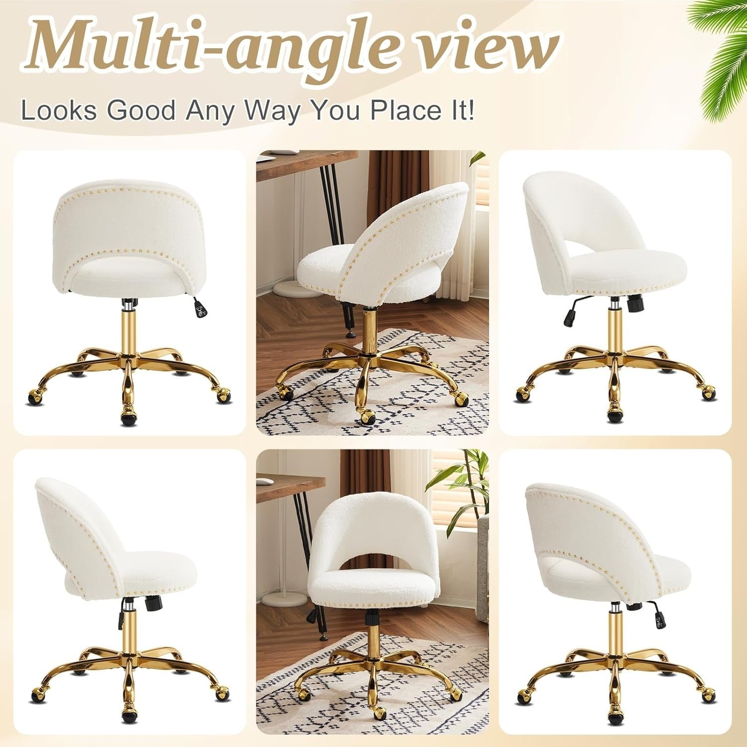 White Teddy Swivel Vanity Chair – Adjustable Height Desk Chair for Bedroom