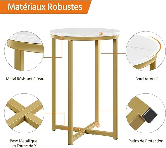Round Marble Side Tables Set of 2, Gold Metal Frame, Modern X-Base Sofa