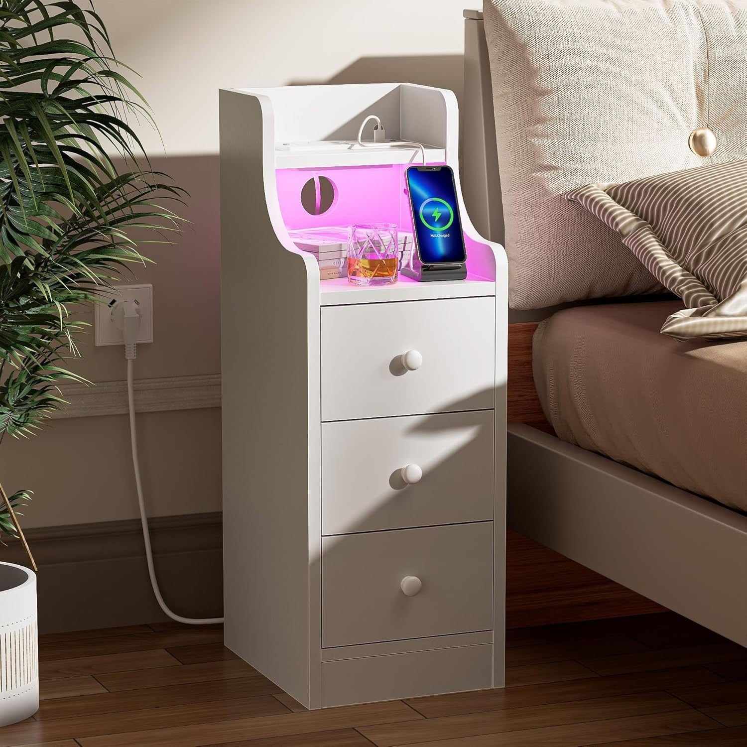 Slim White Bedside Table with RGB LED Lights & Charging Station | 3 Drawer