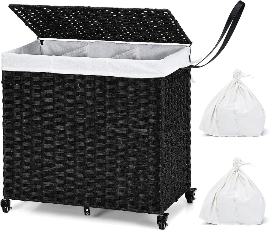 125L Rattan Laundry Basket on Wheels with Lid | 3-Compartment Hamper & Removable