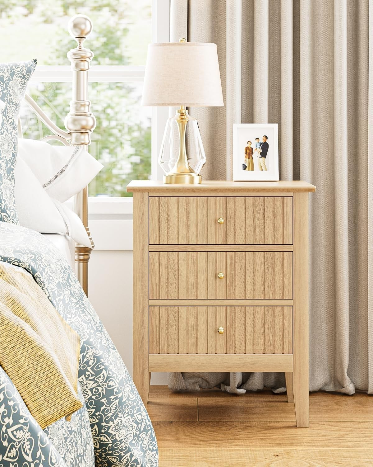Modern Oak Bedside Table with 3 Drawers Wooden Nightstand Bedroom Storage