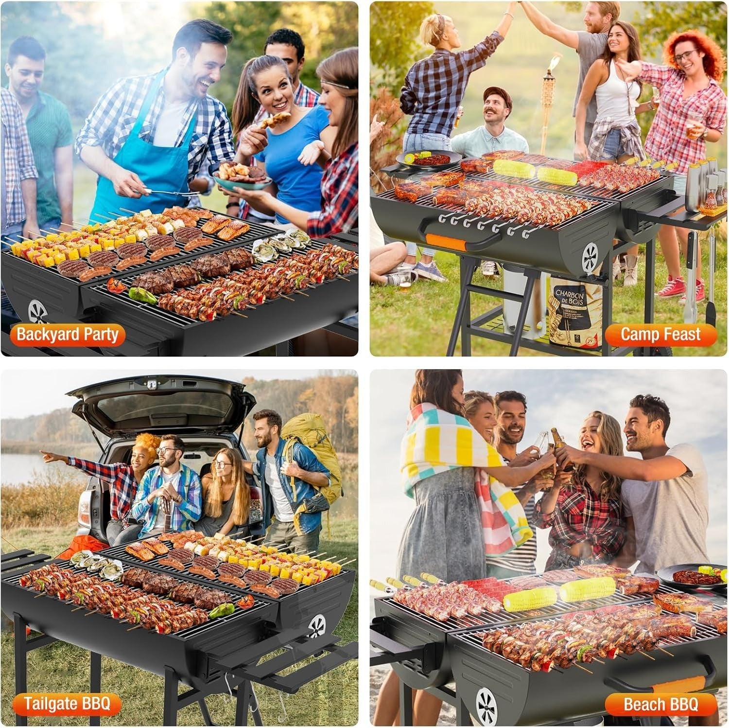 Extra Large Charcoal BBQ Grill Trolley 918 sq in Cooking Space w/ Side Tables