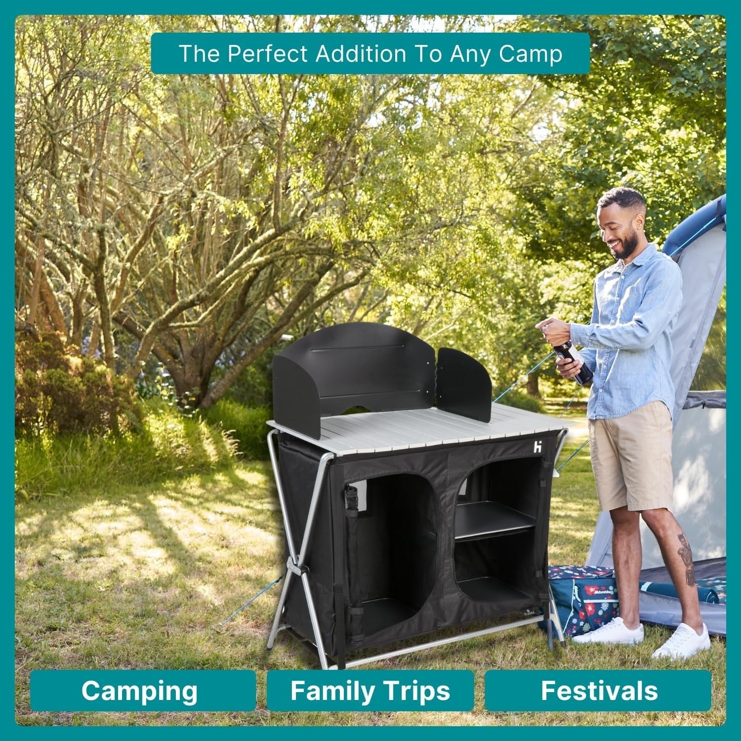 Foldable Camping Kitchen Unit Stove Storage Portable Outdoor Cooking Station