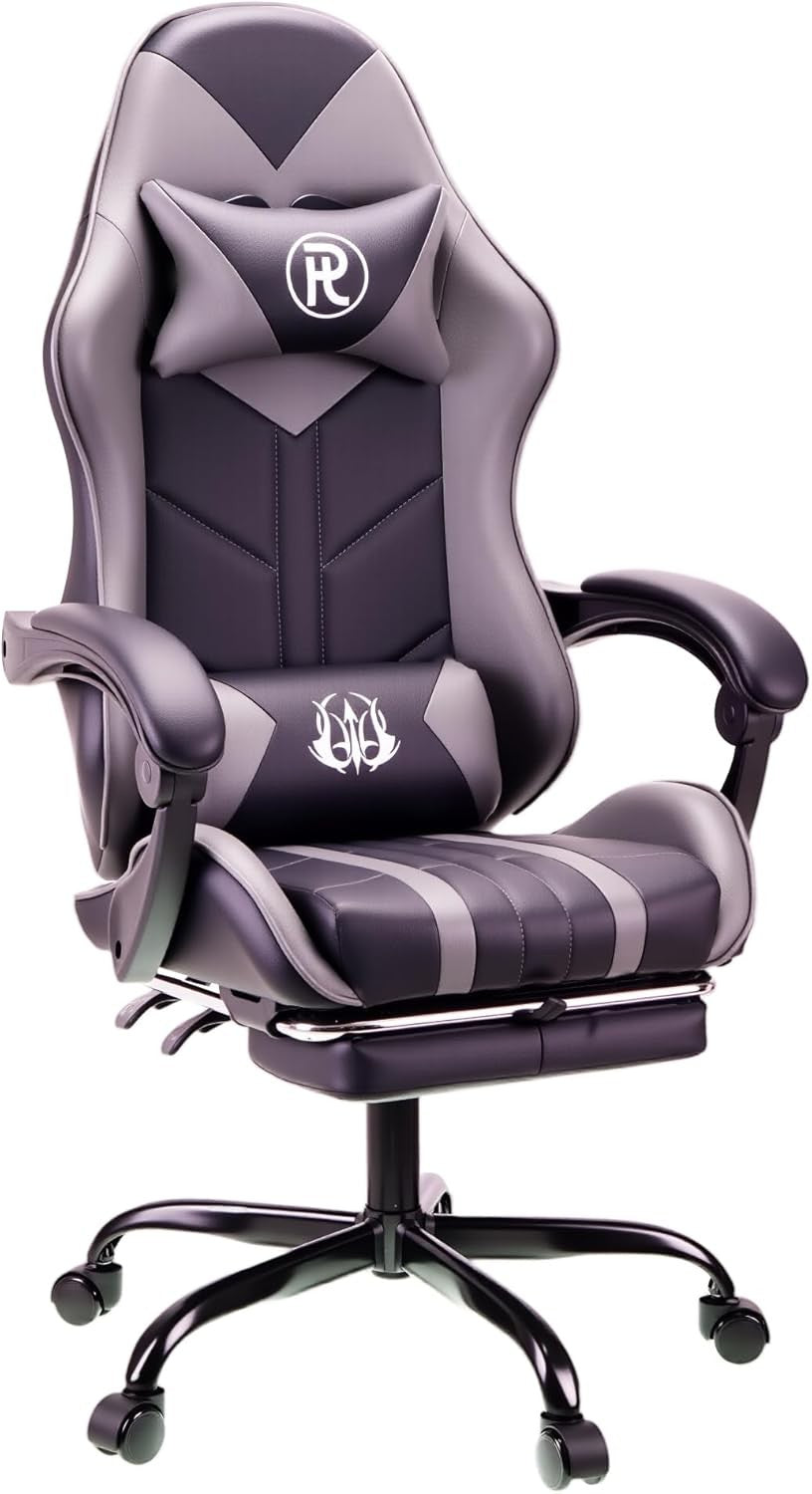 Ergonomic Gaming Chair with Footrest & Lumbar Support – Grey PC Seat