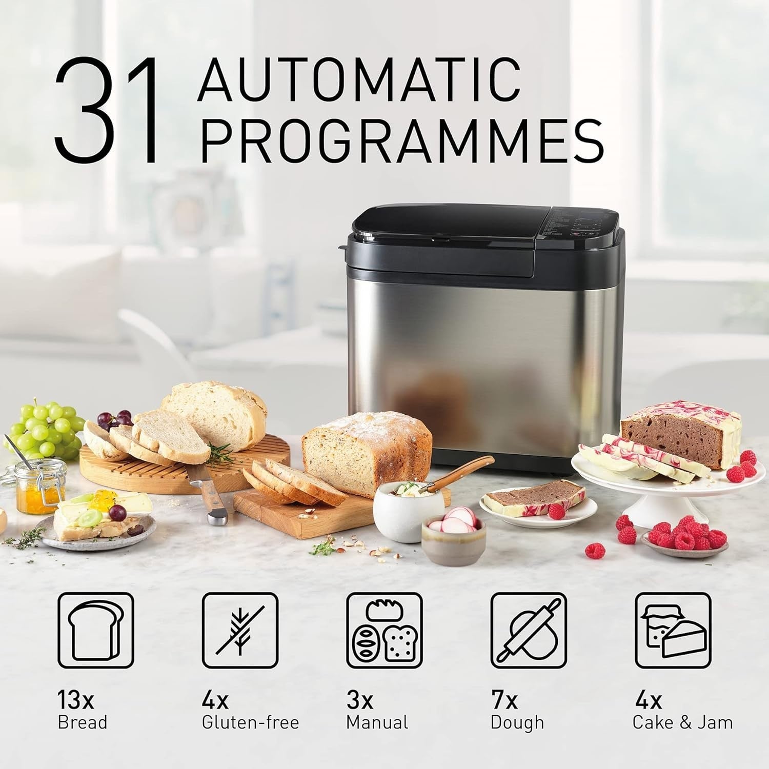 Fully Automatic Bread Maker 31 Programs Yeast Nut Dispenser Gluten-Free Silver