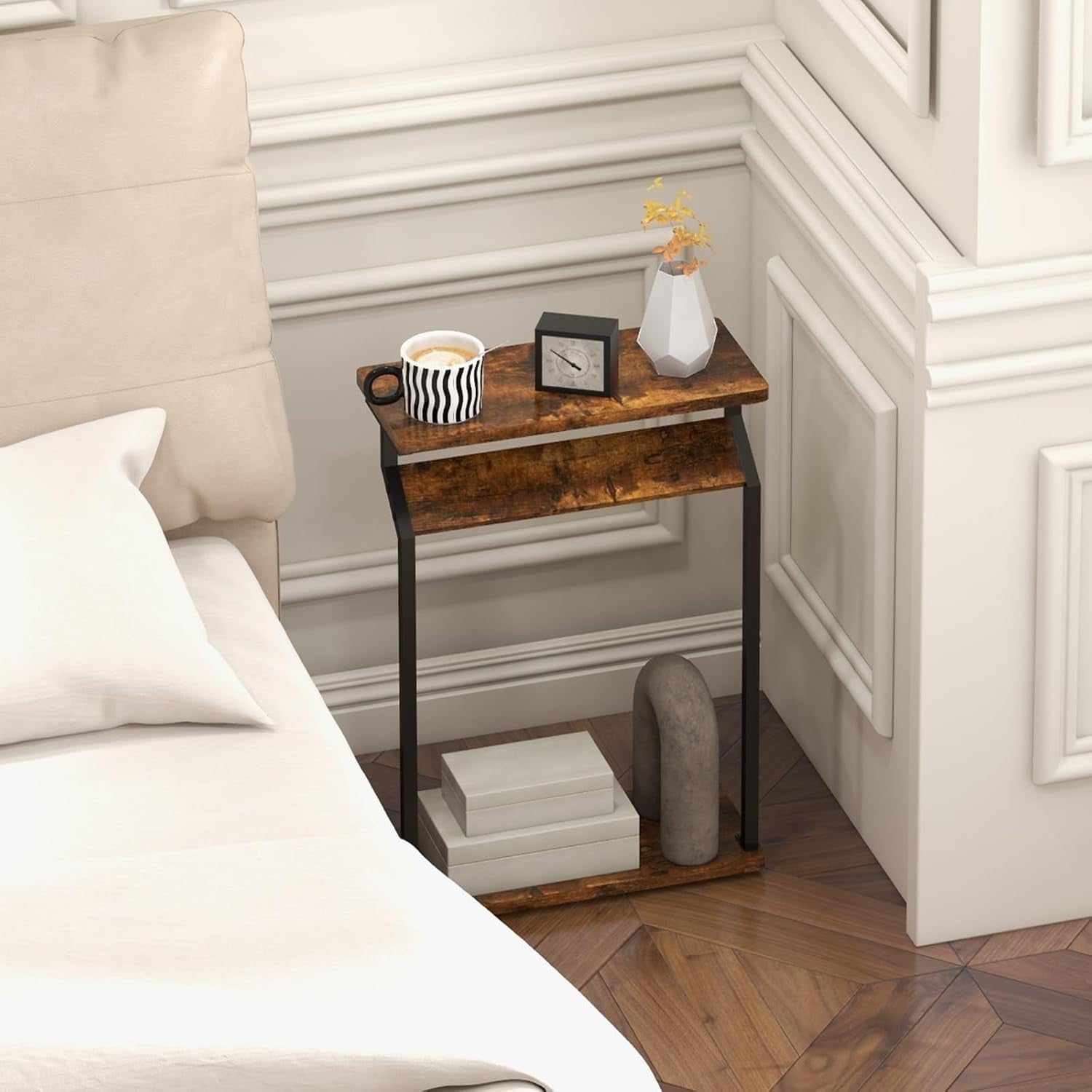 Narrow Side Table Slim Sofa End Table for Small Spaces Rustic Brown 62cm