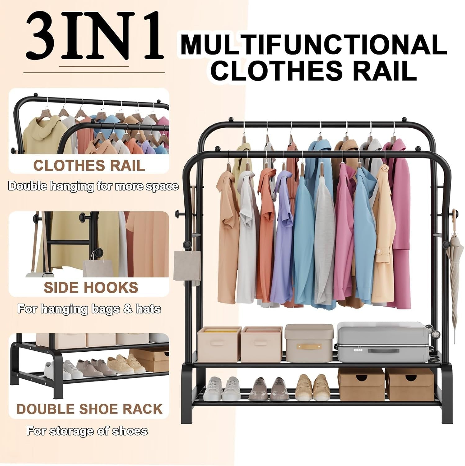 Heavy Duty Double Clothes Rail with Shelf & Hooks – Black