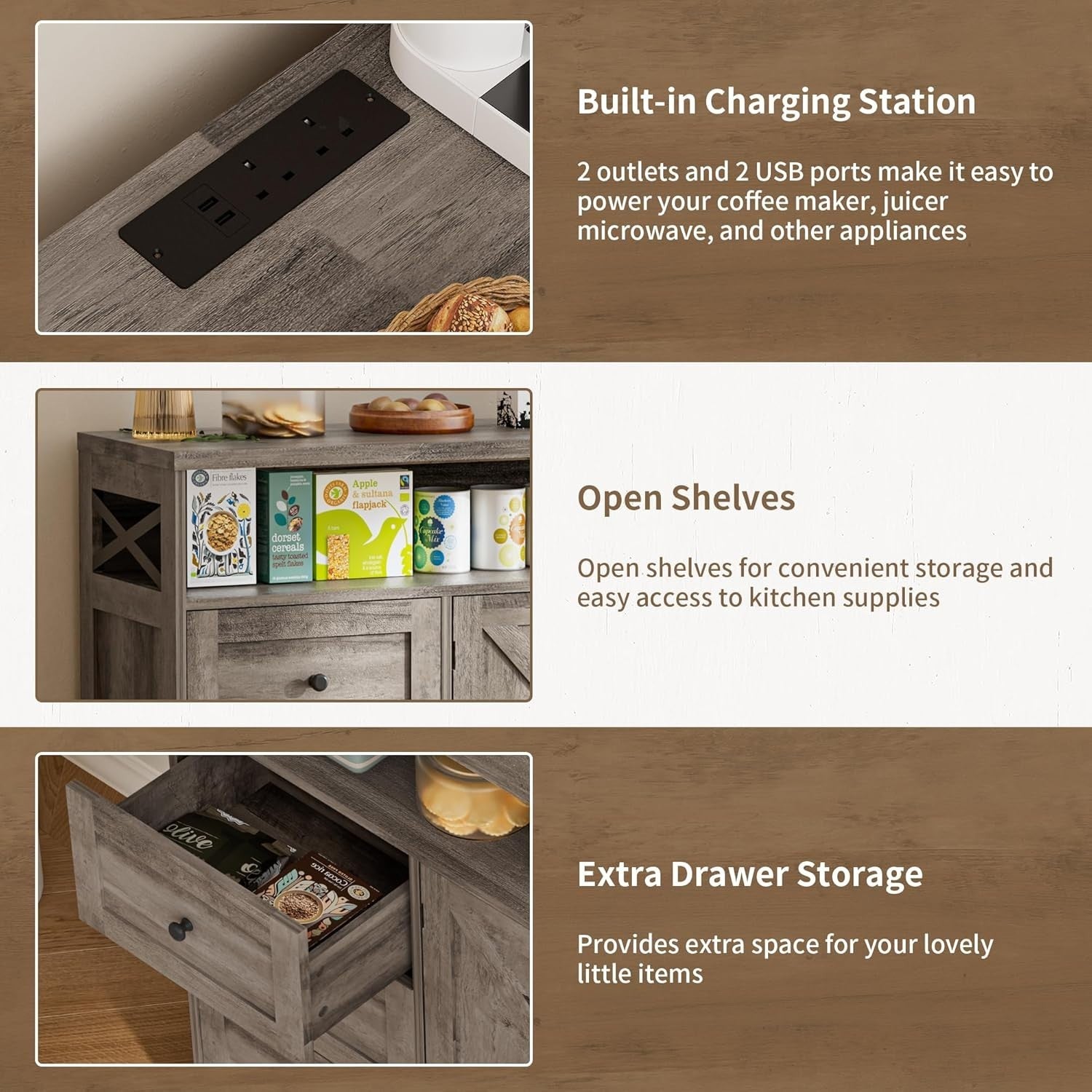 Grey Sideboard Cabinet 95cm Storage Unit Drawers Adjustable Shelf Charging Hub